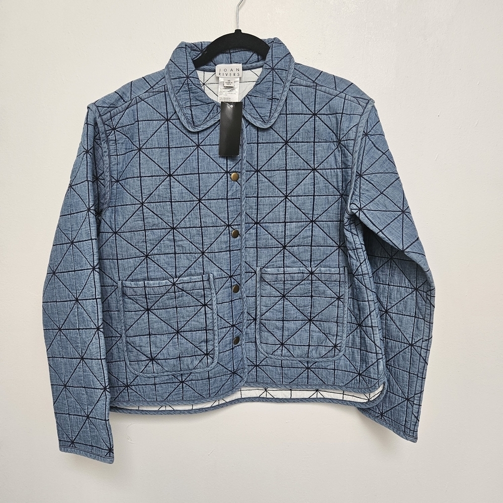 Joan Rivers Blue Oat Quilted Revesible Barn Jacket Sz XS Geometric Pattern NwT